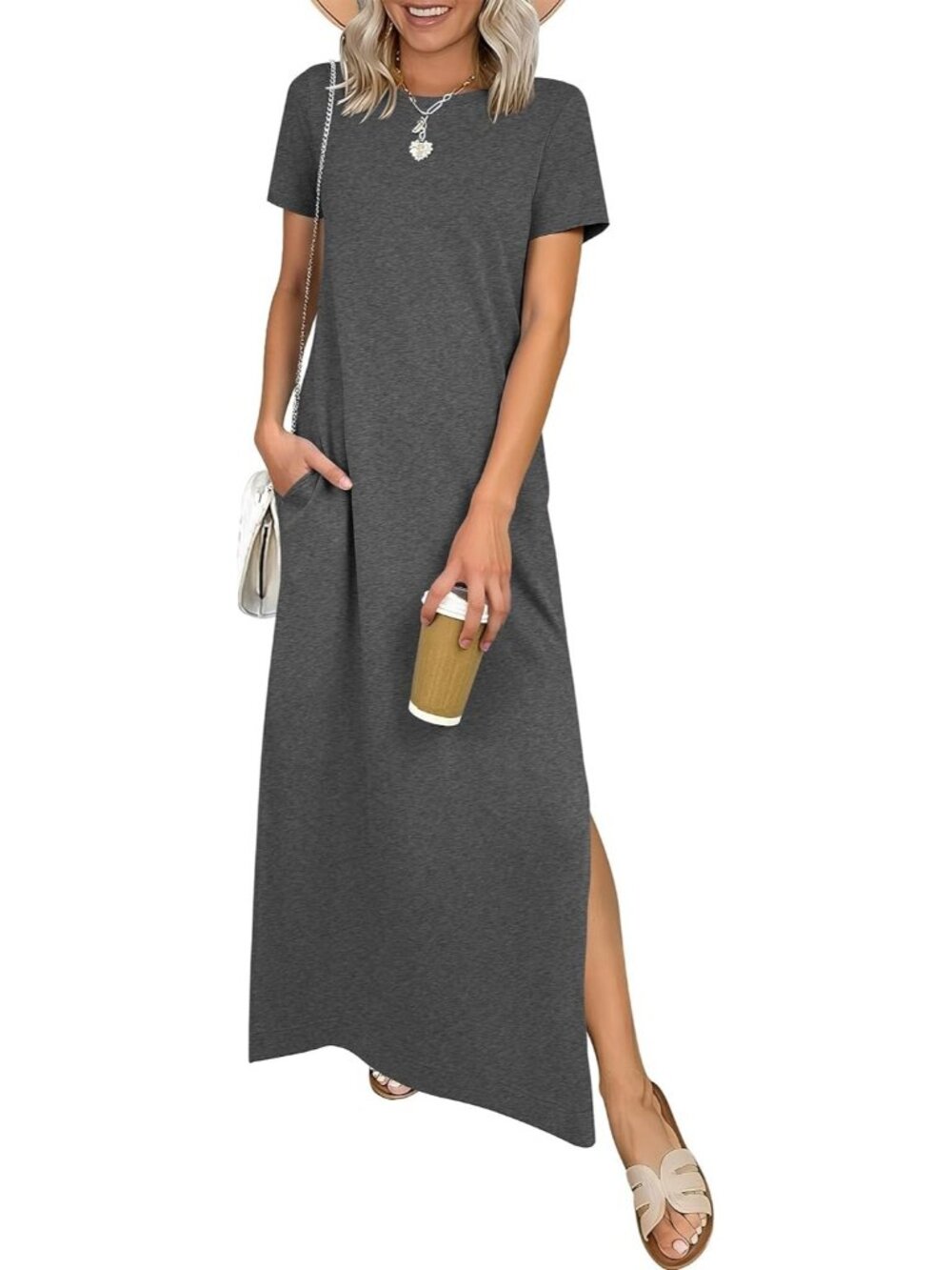 Women's Deep Grey Crewneck Summer Casual Maxi Short Sleeve Split Long Dress